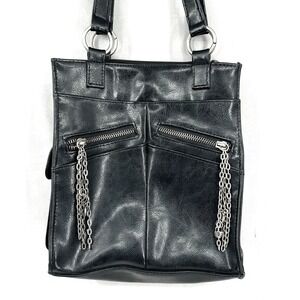 Black Leather Shoulder Bag with Chain Accents